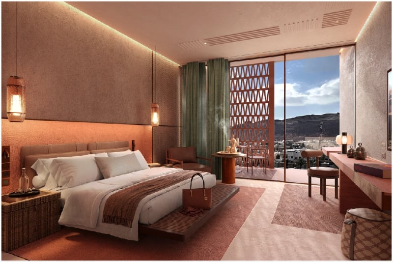 Rendering of a guestroom in the Autograph Collection Hotel AlUla 